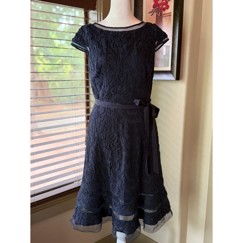 Adrianna Papell Size 4 Navy Blue Floral Lace Fit & Flare Dress Mesh Stripe Trim